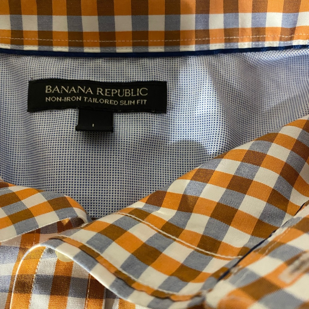 Banana Republic non-iron tailored slim fit L orange, gray, white plaid